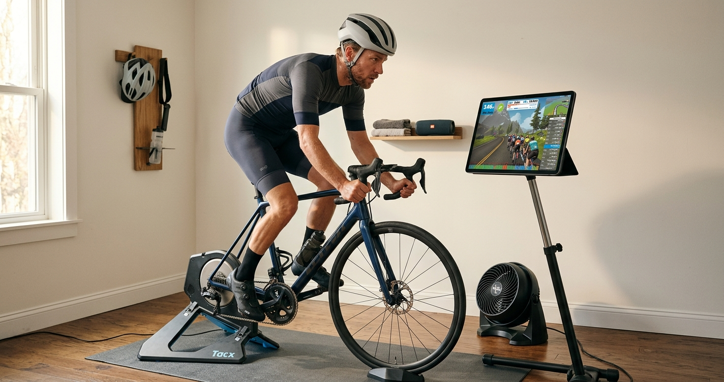 A cyclist on a smart trainer with Zwift running on a screen